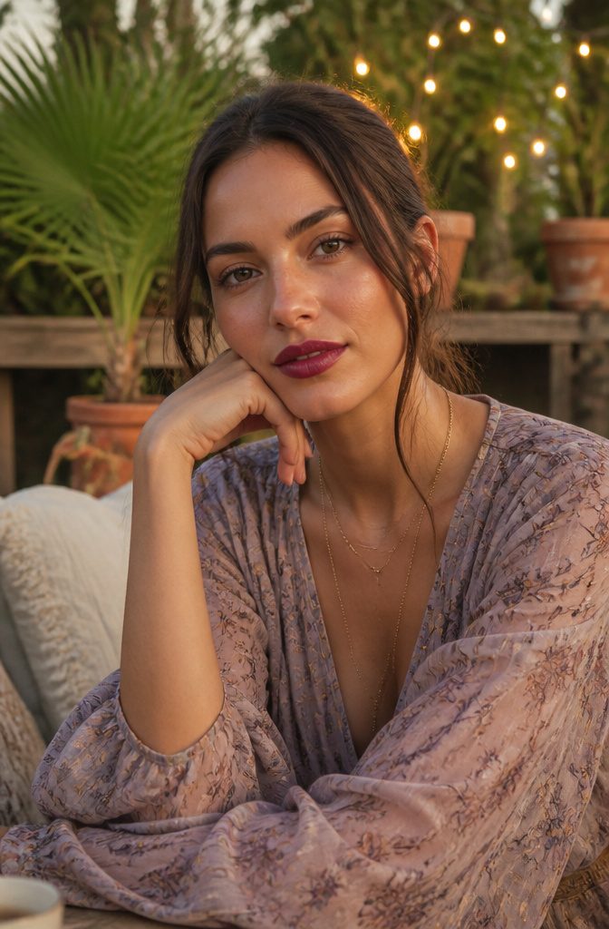 20 Makeup Looks for 2026: The Ideas Shaping Next Year's Beauty 16 Model with berry-kissed lips in a garden with fairy lights.