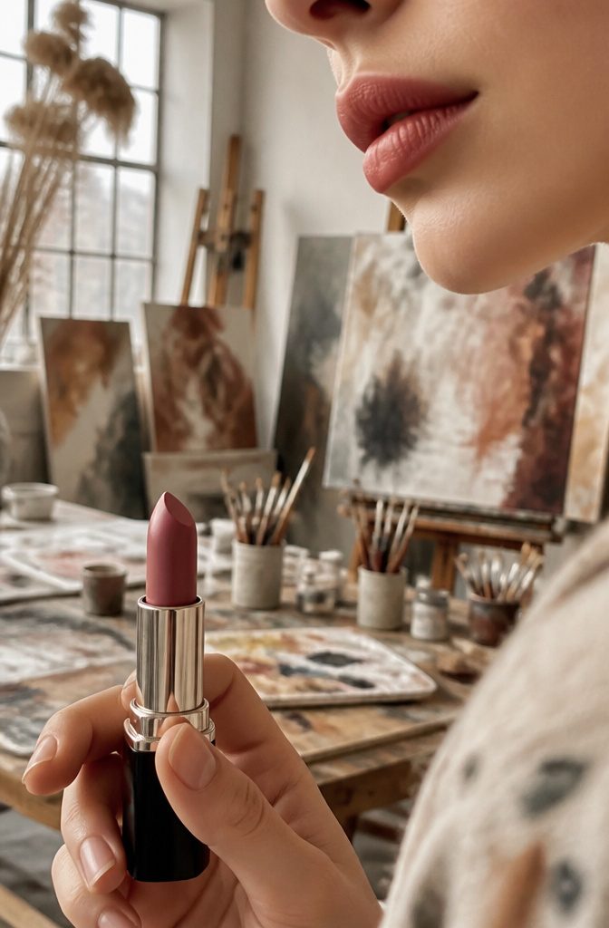 20 Makeup Looks for 2026: The Ideas Shaping Next Year's Beauty 10 Model's blurred lips with matte lipstick in a cluttered studio.