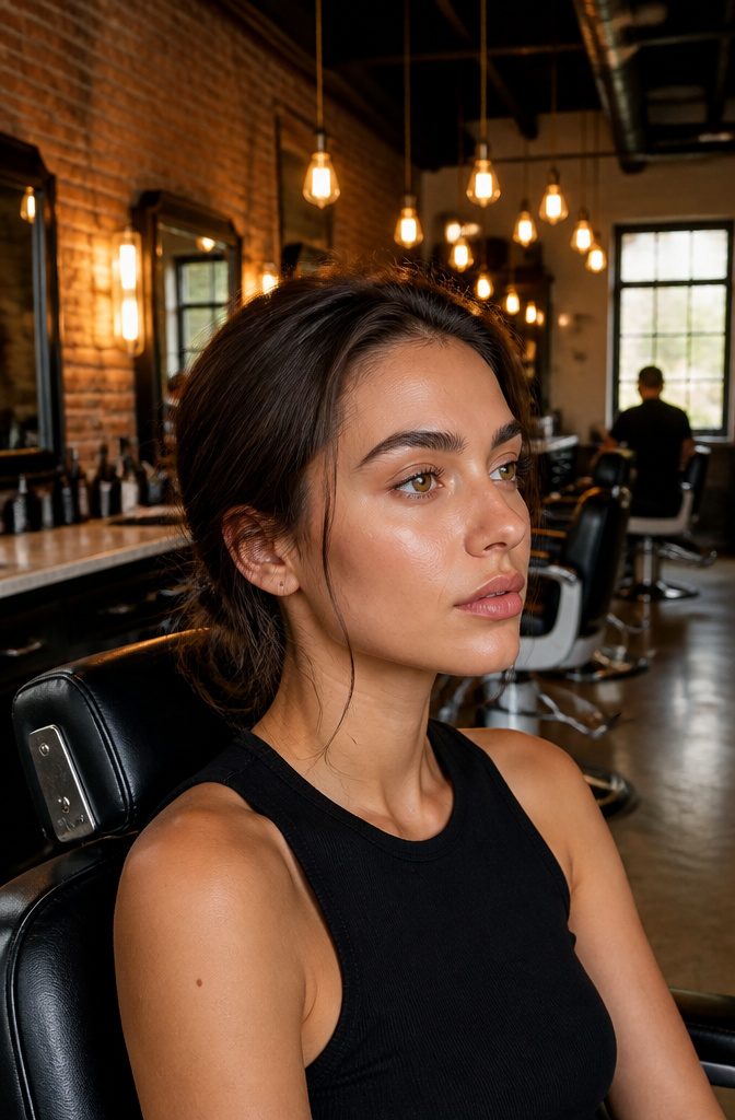 20 Makeup Looks for 2026: The Ideas Shaping Next Year's Beauty 8 A model with fluffy, brushed-up brows in a barbershop setting.
