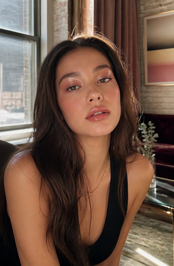 20 Makeup Looks for 2026: The Ideas Shaping Next Year's Beauty 7 A model with glossy lids highlighted by a rosy shadow.