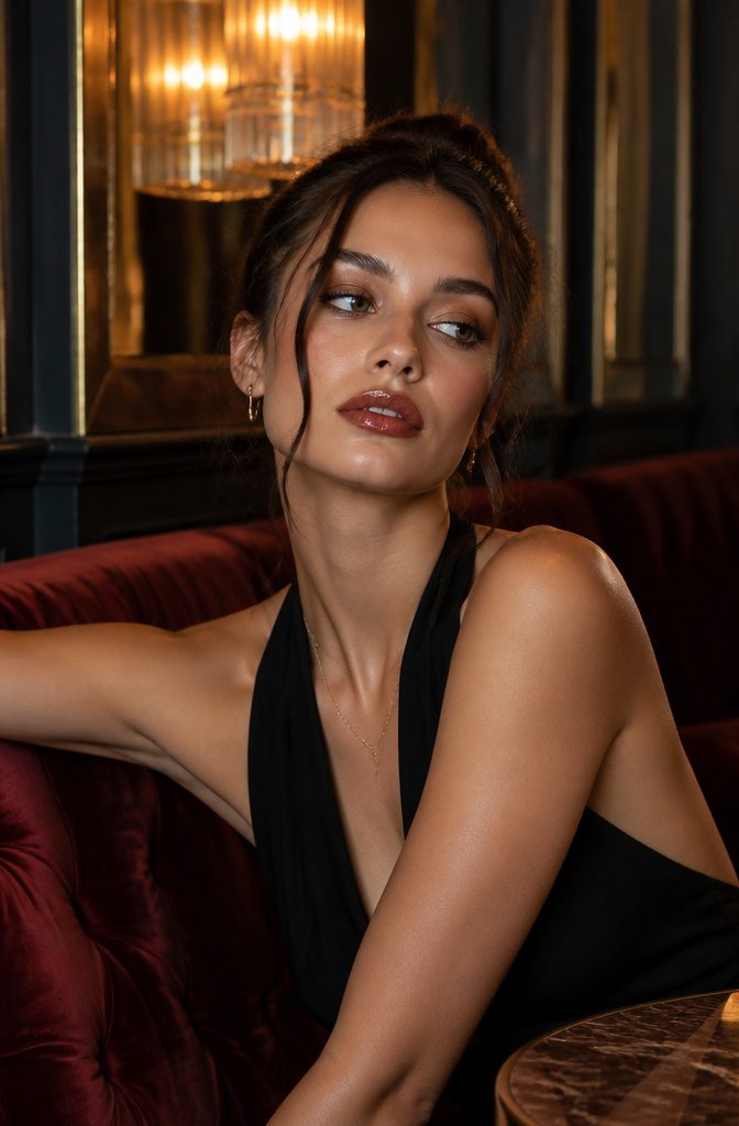20 Makeup Looks for 2026: The Ideas Shaping Next Year's Beauty 15 Model with glossy lips in a cocktail lounge setting.