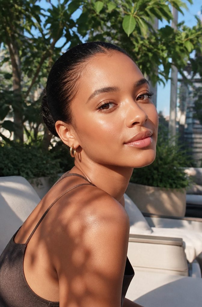 20 Makeup Looks for 2026: The Ideas Shaping Next Year's Beauty 11 Model showcasing glowing skin in a rooftop garden.