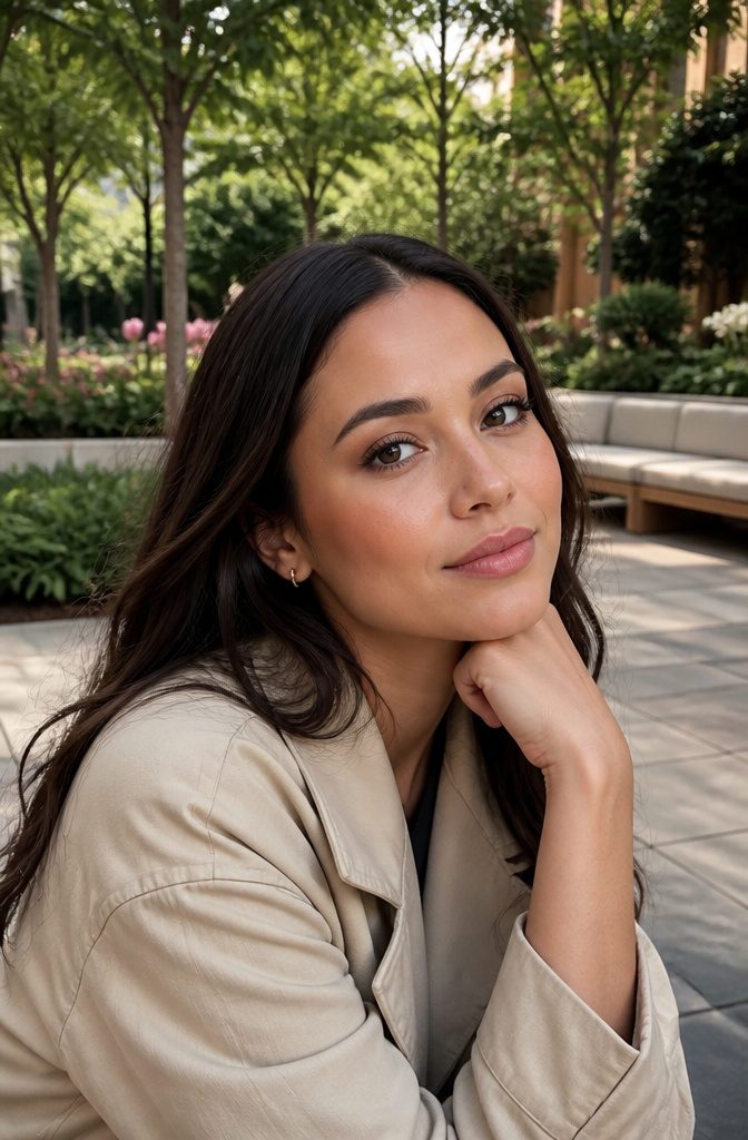 20 Makeup Looks for 2026: The Ideas Shaping Next Year's Beauty 4 A model showcasing Natural Soft Glam makeup in an urban park.
