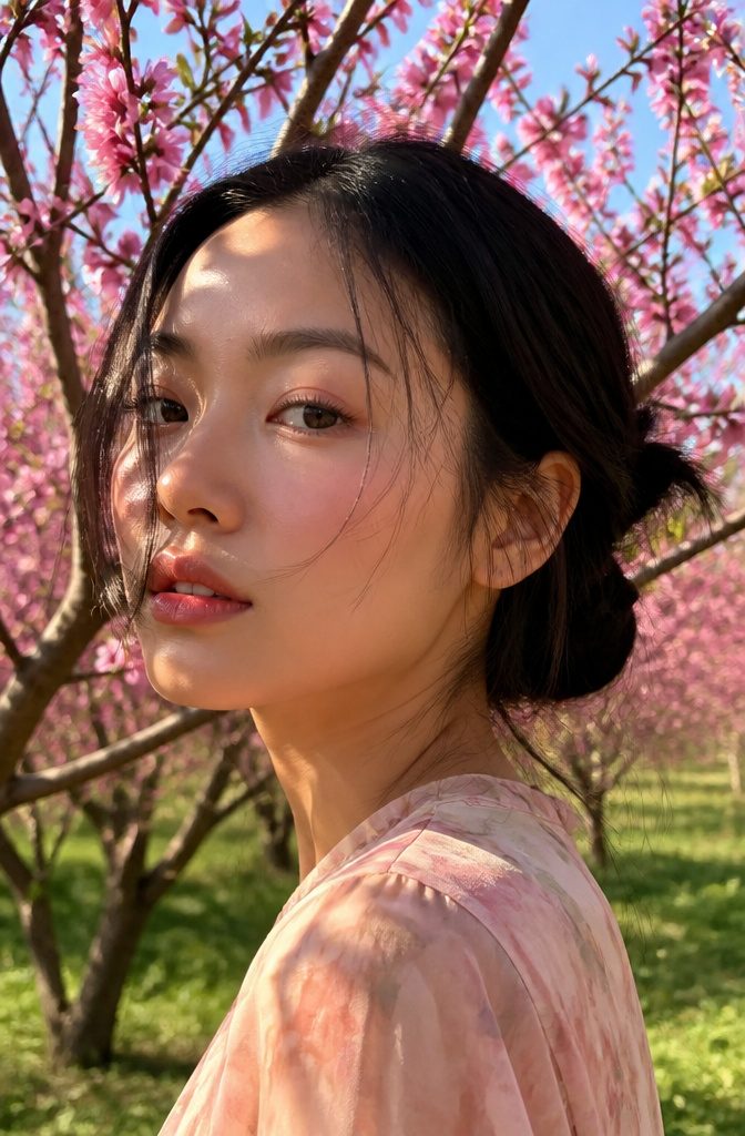 20 Makeup Looks for 2026: The Ideas Shaping Next Year's Beauty 17 Model with natural pink blush in a vibrant orchard.