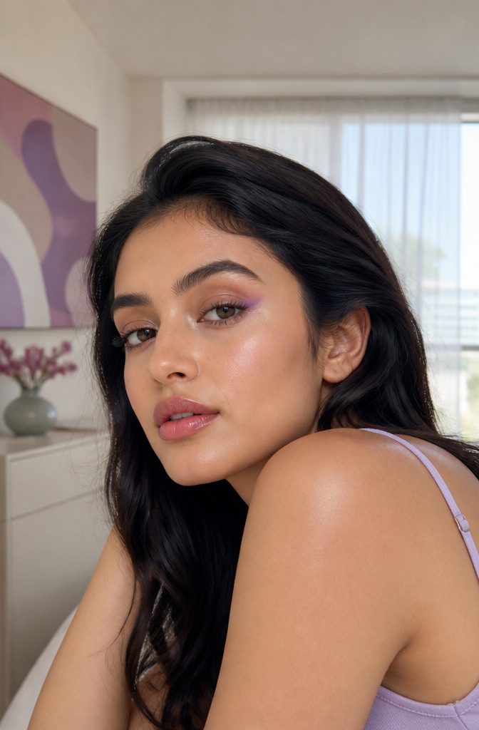 20 Makeup Looks for 2026: The Ideas Shaping Next Year's Beauty 5 Model with a hint of violet eyeshadow at the outer corner.