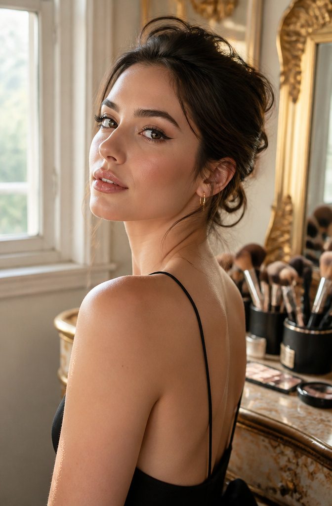 20 Makeup Looks for 2026: The Ideas Shaping Next Year's Beauty 6 A model with subtle winged eyeliner in a soft-lit backstage area.
