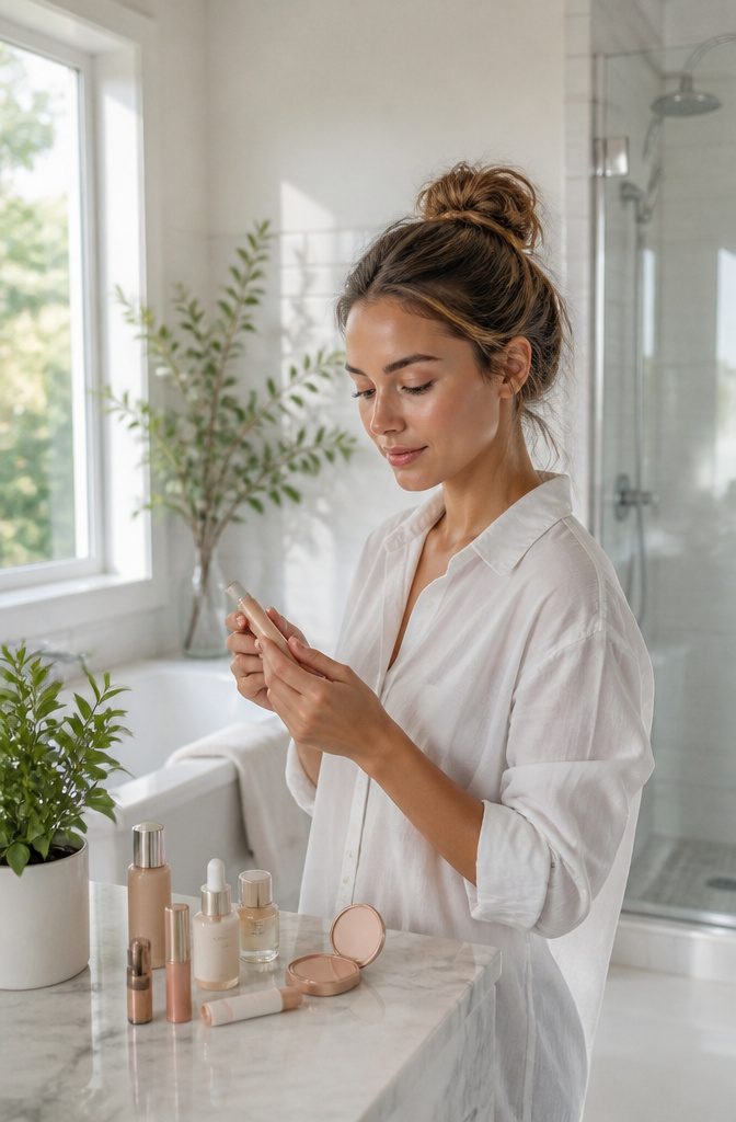 A model with clean girl makeup in an airy bathroom.