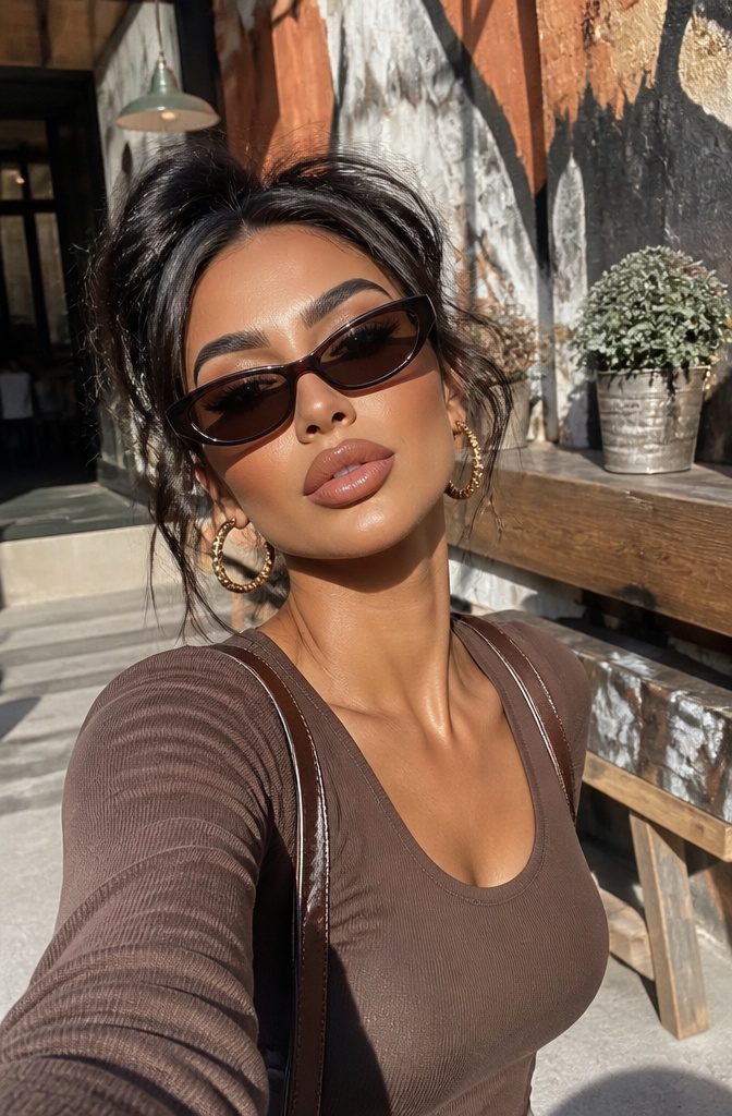 A model with Instagram baddie makeup in a trendy outdoor space.