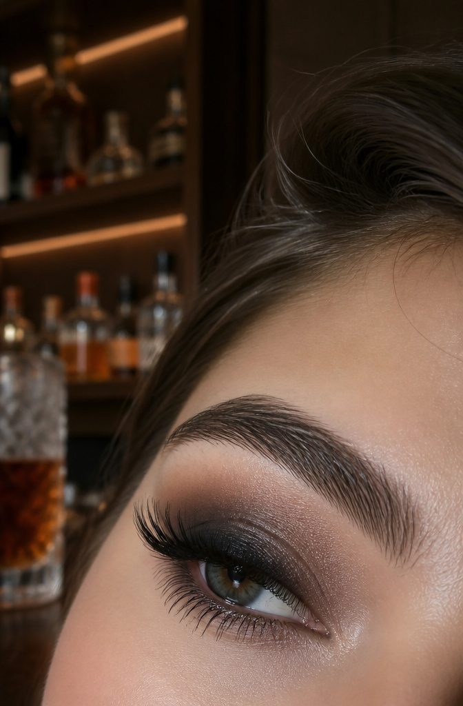 A model with smokey eye makeup displayed against a soft-focus bar scene.