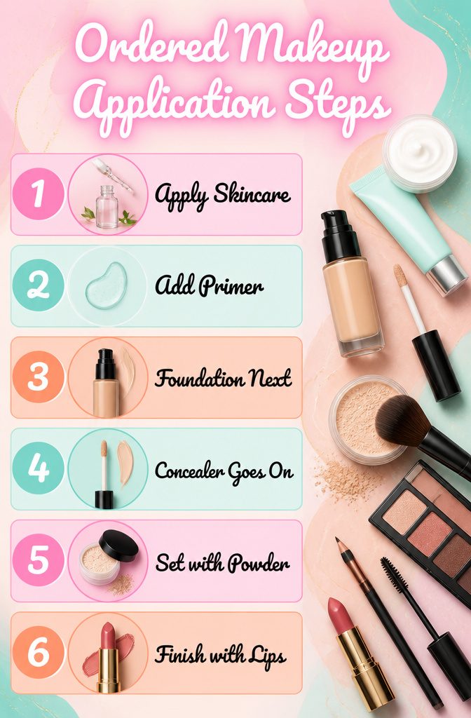 10 Beautiful Makeup Ideas to Wear in 2026 14 Infographic outlining the steps for makeup application.