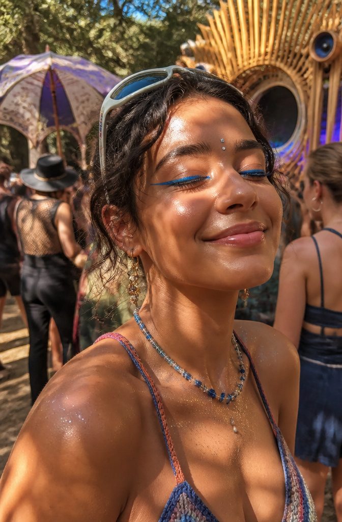 10 Beautiful Makeup Ideas to Wear in 2026 6 Model with blue eyeliner at a lively outdoor festival.
