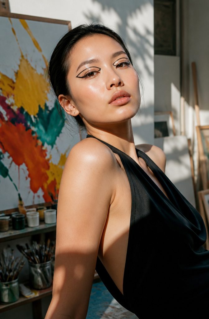 10 Beautiful Makeup Ideas to Wear in 2026 11 Model with striking graphic eyeliner in an artist's studio.