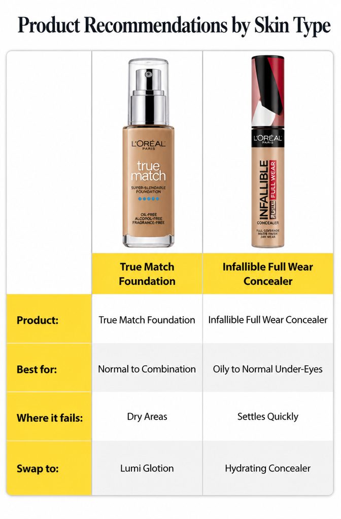 10 Beautiful Makeup Ideas to Wear in 2026 13 Infographic suggesting makeup products based on skin type.