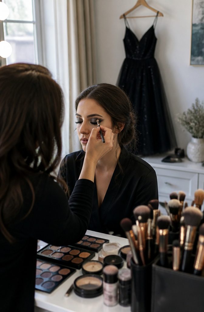 A makeup artist applying smoky eye makeup at a vanity.