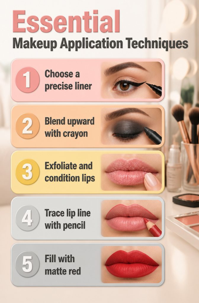 An infographic illustrating essential makeup application techniques.