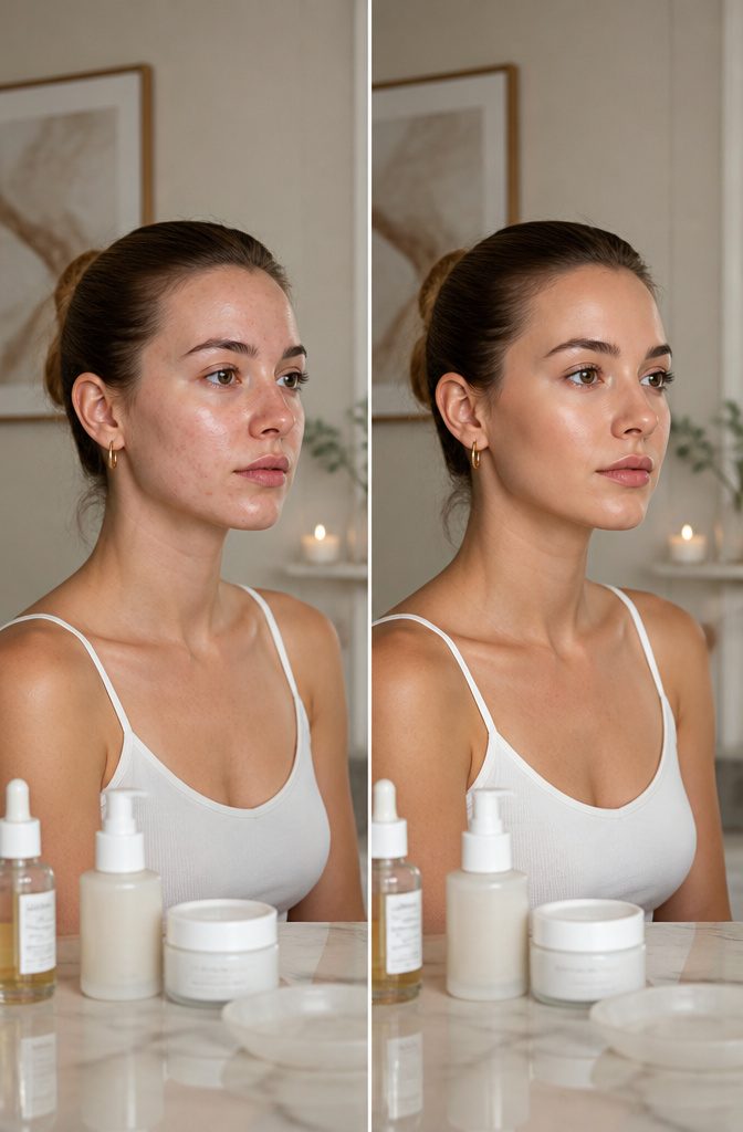 A model with luminous skin highlighted in a beauty studio.