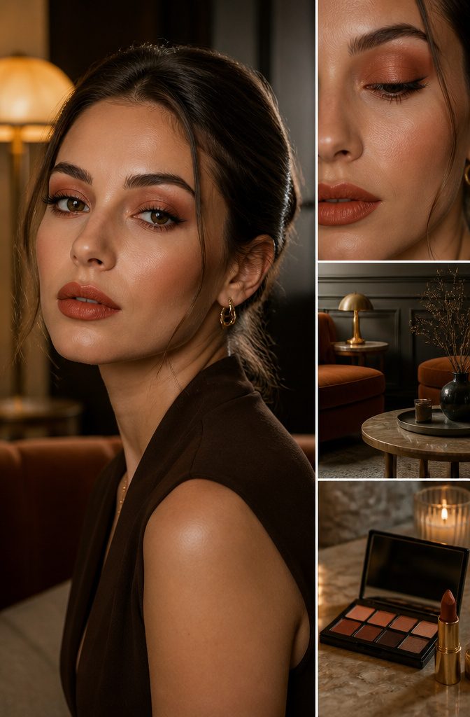 A model with monochrome makeup featuring matching lip and eye colors.