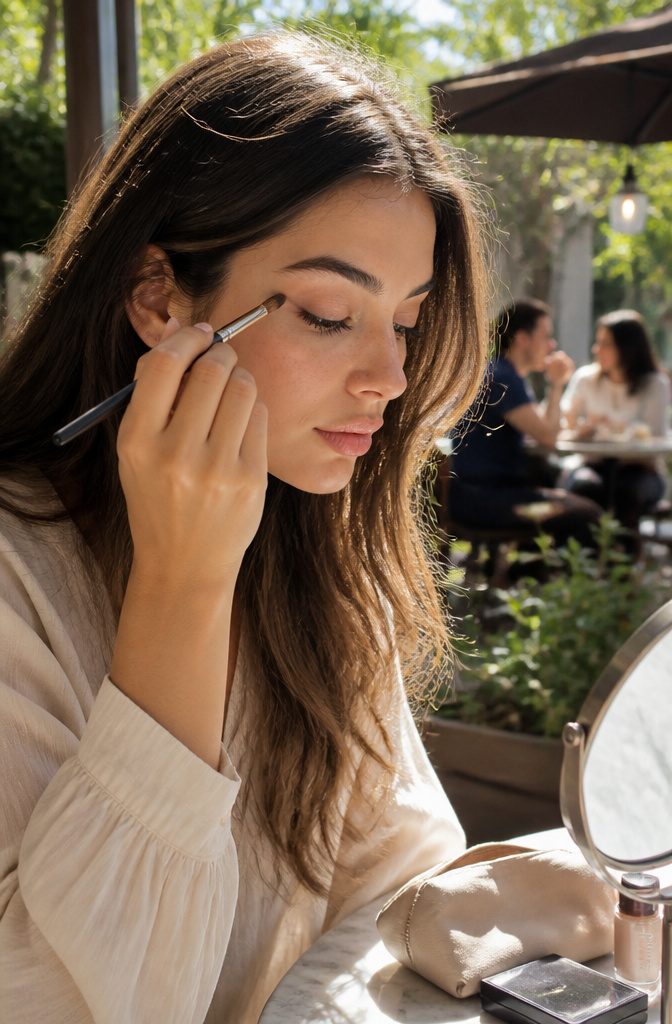 A young woman with natural eye makeup in an outdoor café.