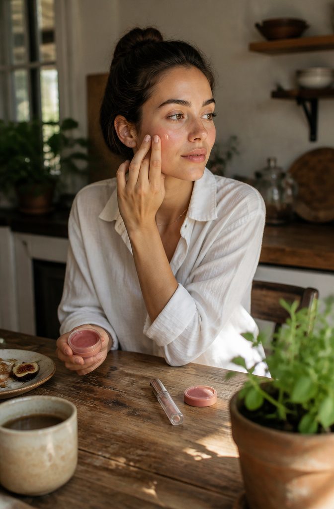 A model in a sunlit kitchen wearing a no-makeup makeup look.