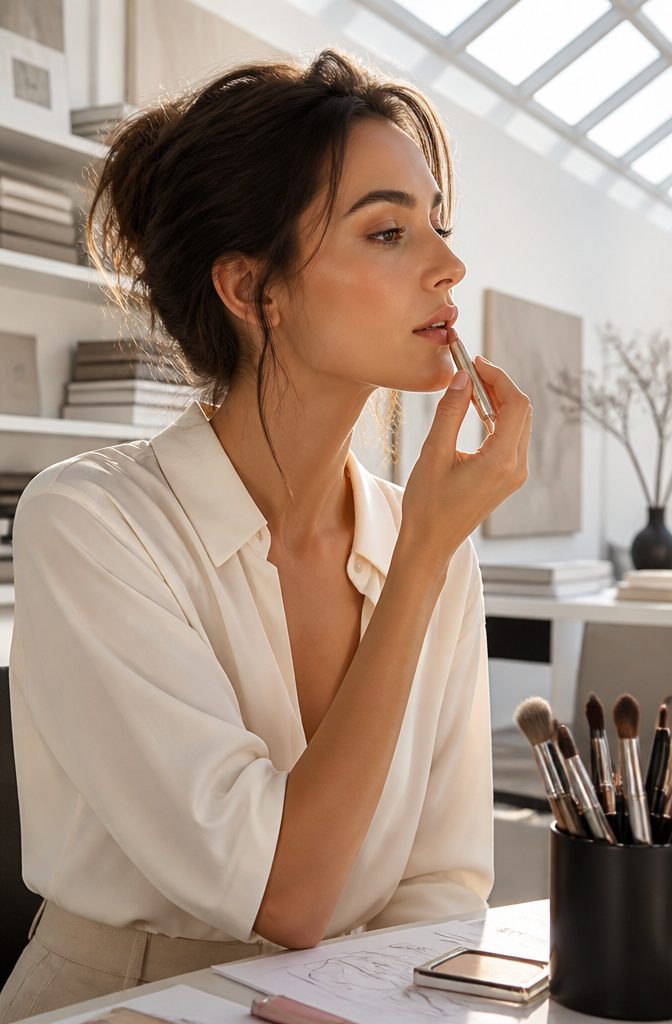 Close-up of a model's lips wearing nude lipstick.