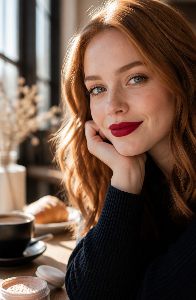 Close-up of a model's lips with red lipstick applied.