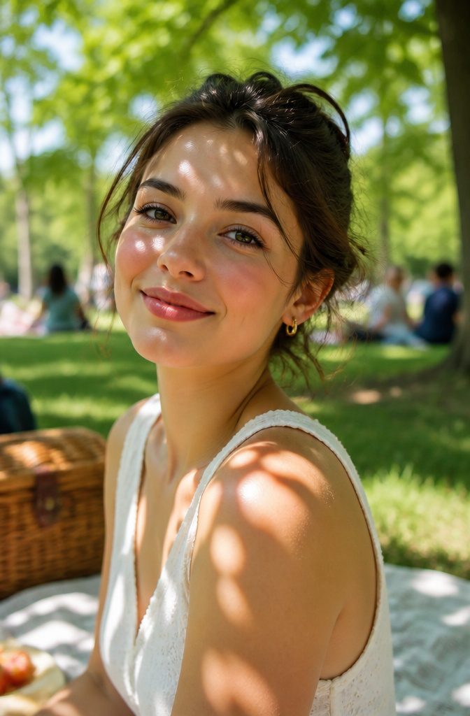 A model with rosy blush on her cheeks in a sunny park.