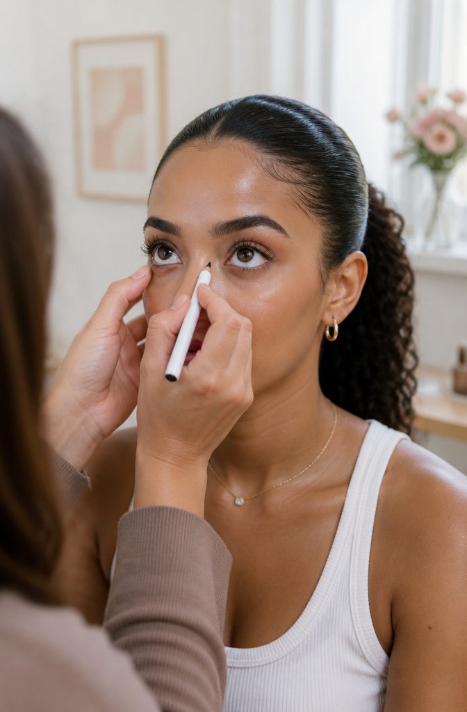 Close-up of a model applying white eyeliner to her lower waterline.