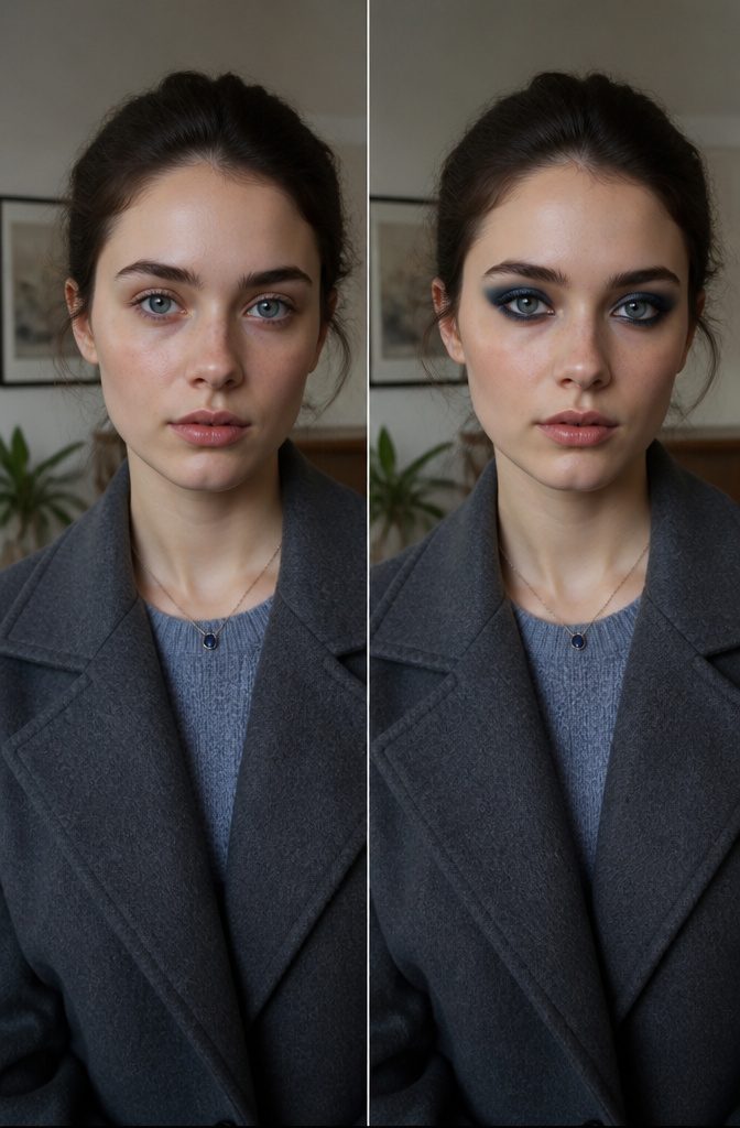 Outfit featuring cool-toned pieces with dark blue makeup.