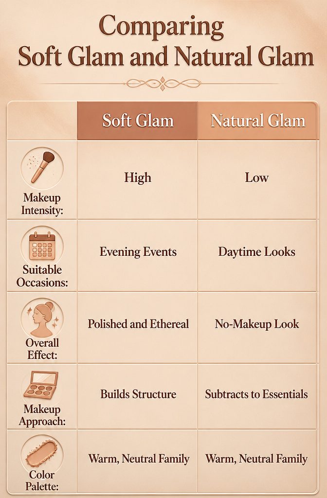 Image comparing soft glam and natural glam makeup styles.