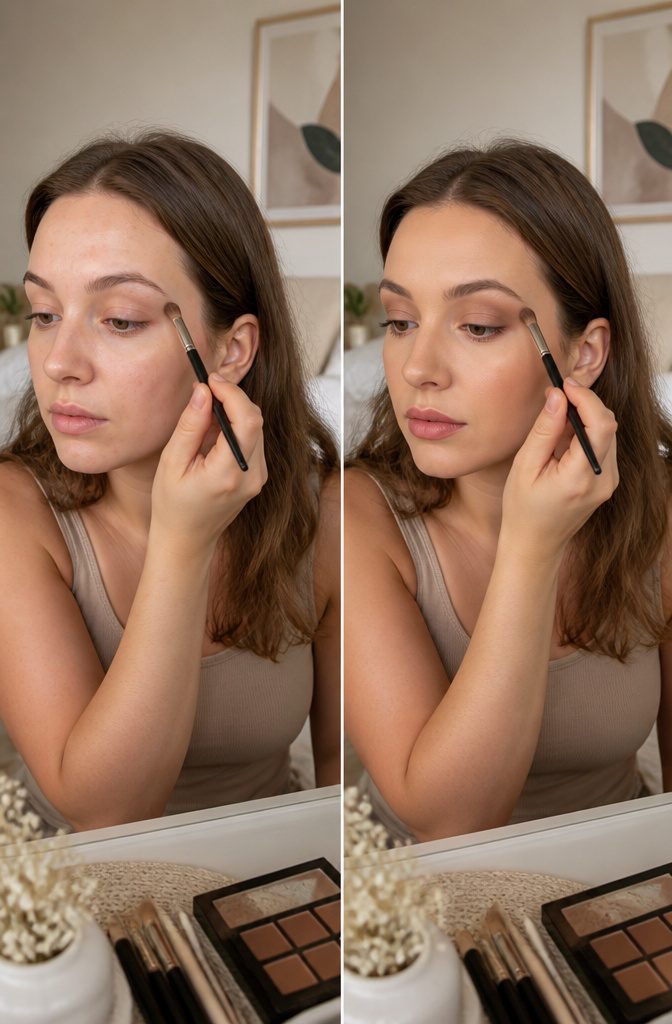 Natural Makeup Look: How to Create One in 10 Steps | 2026 8 Model applying matte taupe eyeshadow to her eyelids.