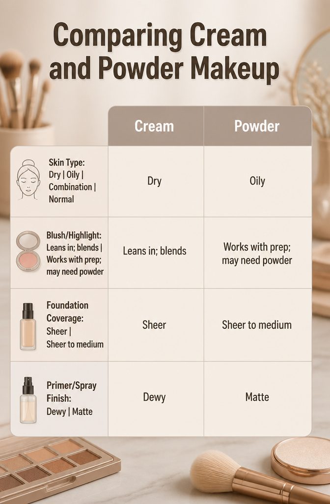Natural Makeup Look: How to Create One in 10 Steps | 2026 13 Image comparing cream and powder makeup products.