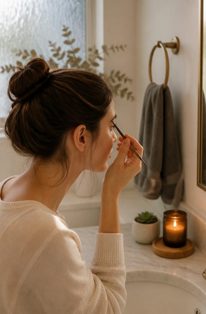 Natural Makeup Look: How to Create One in 10 Steps | 2026 7 Model grooming her brows with brow pomade at a minimalist vanity.