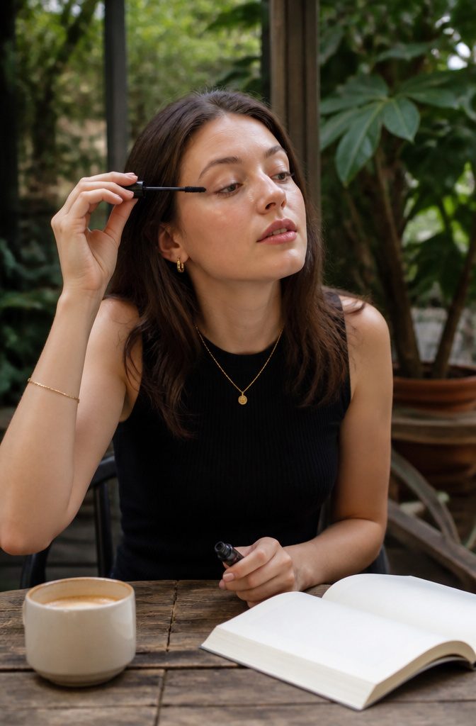 Natural Makeup Look: How to Create One in 10 Steps | 2026 9 Model applying mascara to her lashes at an outdoor café.
