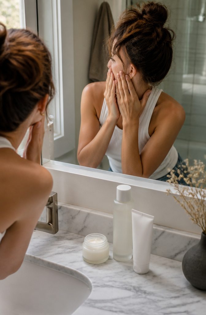 Natural Makeup Look: How to Create One in 10 Steps | 2026 2 Model applying moisturizer in a softly lit bathroom.