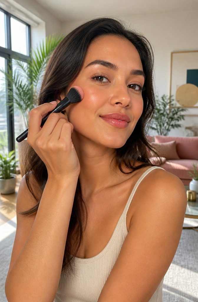 My Makeup Look: 6 Face-Shape Guides for Your Best Style 7 Model applying blush on her cheeks in a bright setting.