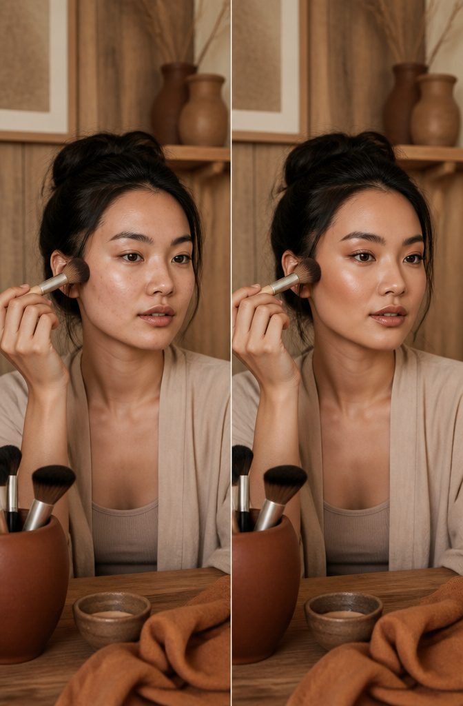 My Makeup Look: 6 Face-Shape Guides for Your Best Style 4 Model demonstrating bronzer application for a round face.