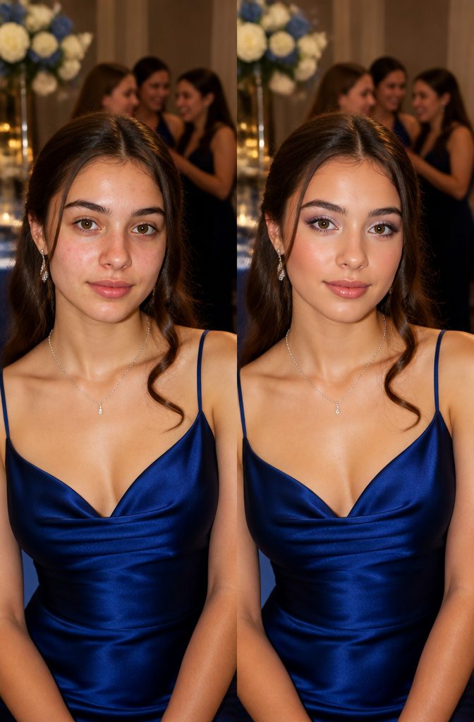 A young woman in a bold gown with neutral makeup at a prom event.