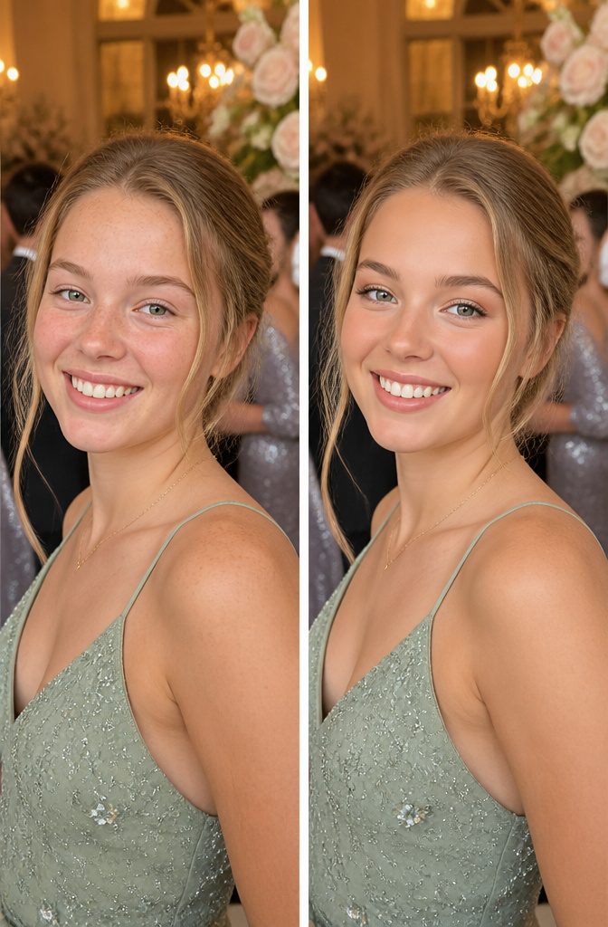 A young woman with freckles and tinted moisturizer in a prom setting.