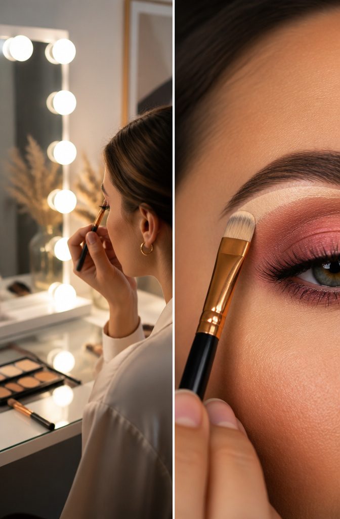 Pink Smokey Eye Makeup Tutorial: 14 Steps for a Soft, Bold Look 6 A flat brush applies concealer to create a defined cut crease.