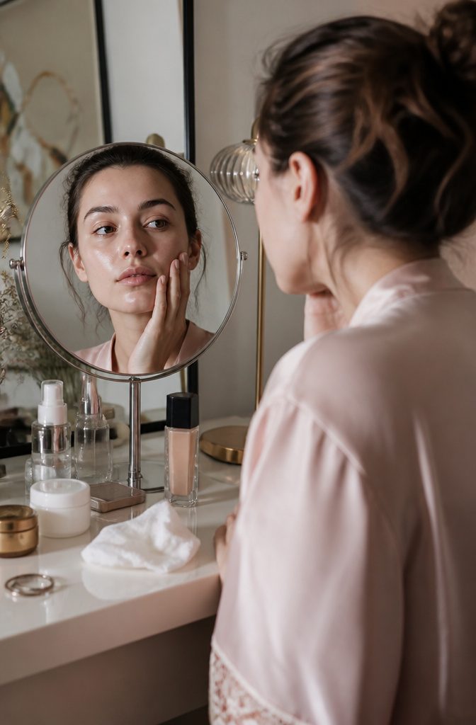 Pink Smokey Eye Makeup Tutorial: 14 Steps for a Soft, Bold Look 12 Model's face with freshly applied moisturizer at a vanity.