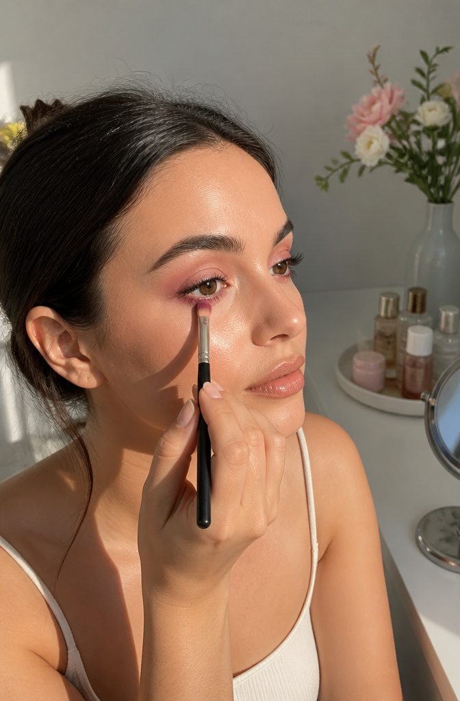 Pink Smokey Eye Makeup Tutorial: 14 Steps for a Soft, Bold Look 9 Fluffy brush applying pink eyeshadow on the lower lash line.