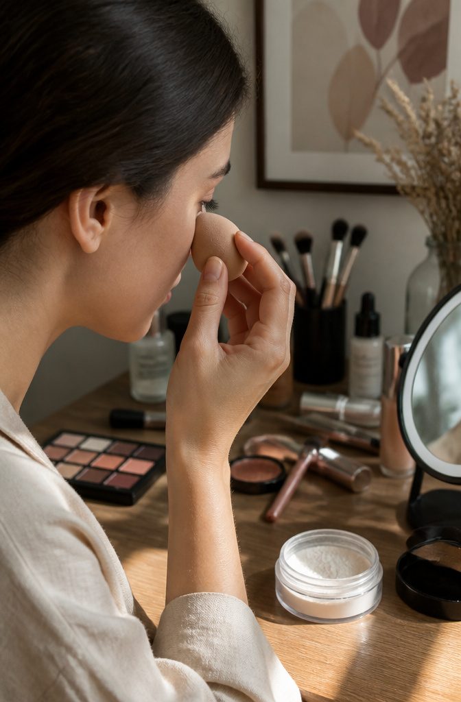 Pink Smokey Eye Makeup Tutorial: 14 Steps for a Soft, Bold Look 13 Close-up of concealer being applied under the eye with a sponge.