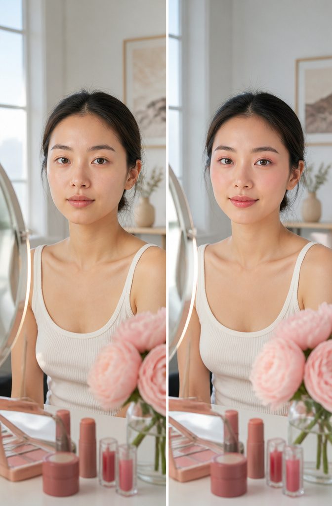 Monochromatic pink makeup products arranged together on a surface.